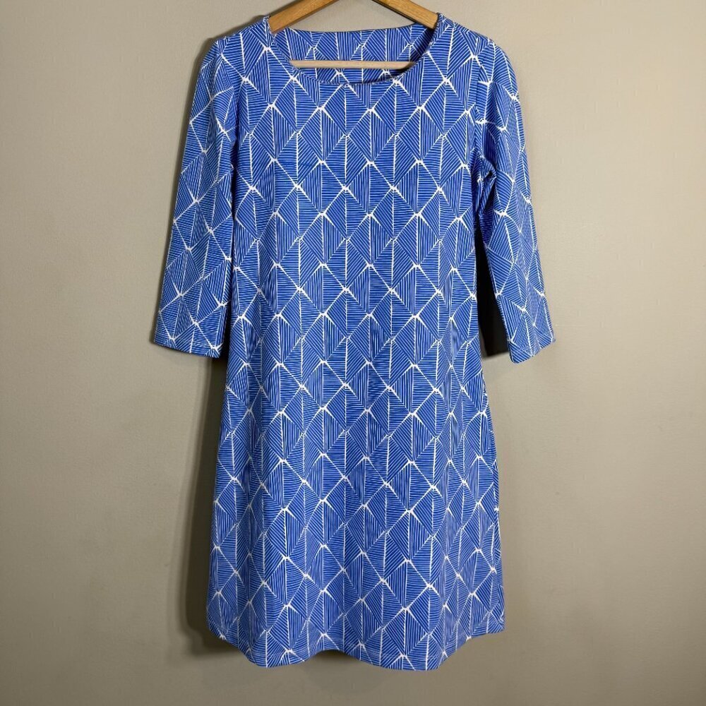Mahi Gold Patterned Shift Mini Dress Womens Small Blue White Nautical Scuba Chic - Picture 4 of 10